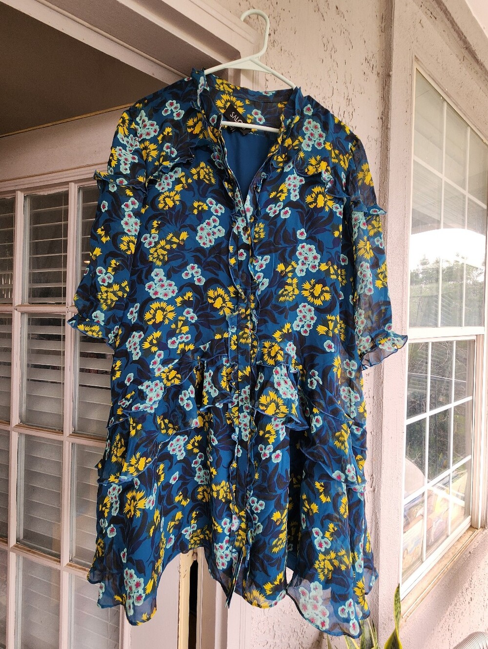 Saloni 100% Silk Teal Tilly Blue Floral Ruffle Tiered Dress Sz 10 - Picture 4 of 8
